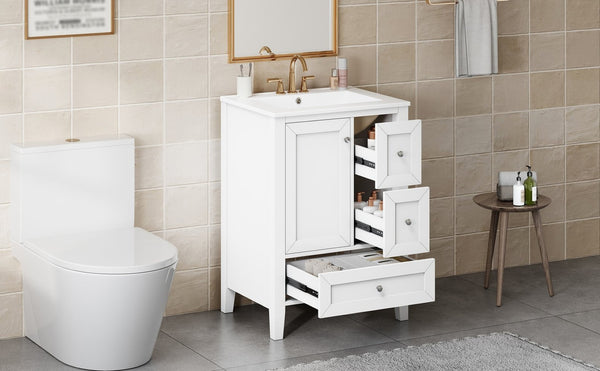 English Elm 24 Inch Freestanding Bathroom Vanity Solid Poplar Frame Ceramic Sink Modern Storage White N725P448532K