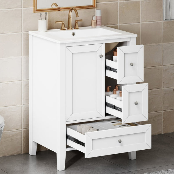English Elm 24 Inch Freestanding Bathroom Vanity Solid Poplar Frame Ceramic Sink Modern Storage White N725P448532K