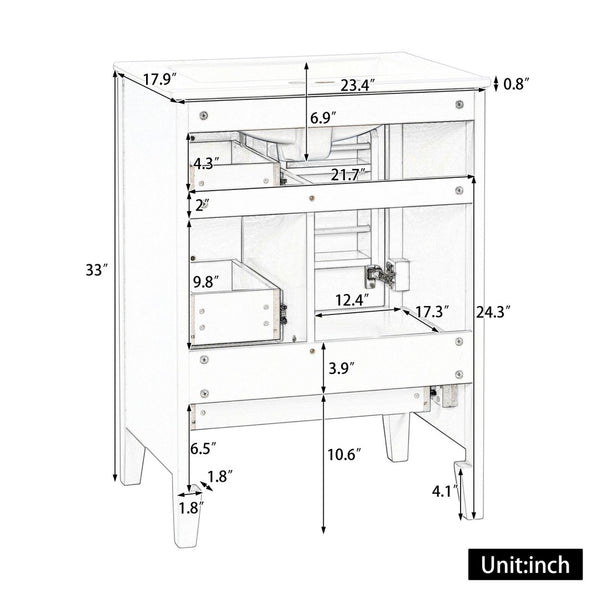 English Elm 24 Inch Freestanding Bathroom Vanity Solid Poplar Frame Ceramic Sink Modern Storage White N725P448532K