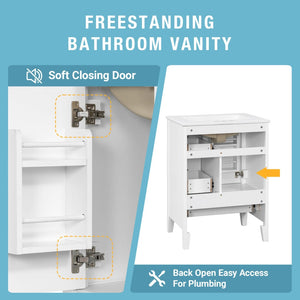 English Elm 24 Inch Freestanding Bathroom Vanity Solid Poplar Frame Ceramic Sink Modern Storage White N725P448532K