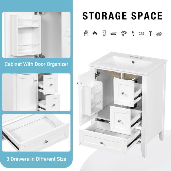 English Elm 24 Inch Freestanding Bathroom Vanity Solid Poplar Frame Ceramic Sink Modern Storage White N725P448532K
