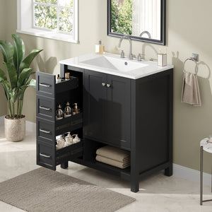 English Elm 30 Inch Freestanding Bathroom Vanity Ceramic Undermount Sink Open Shelf Soft Close Black N725P451494B