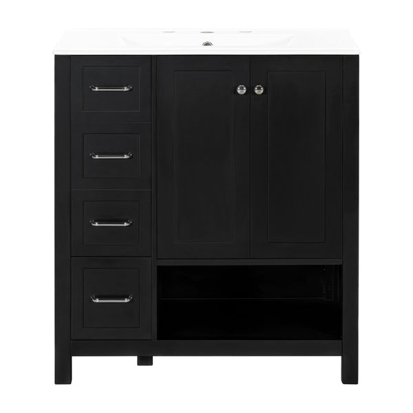 English Elm 30 Inch Freestanding Bathroom Vanity Ceramic Undermount Sink Open Shelf Soft Close Black N725P451494B