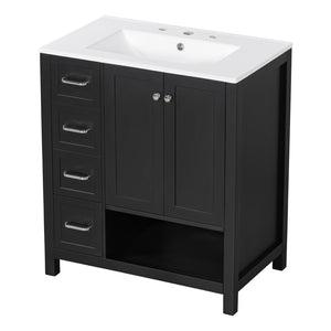 English Elm 30 Inch Freestanding Bathroom Vanity Ceramic Undermount Sink Open Shelf Soft Close Black N725P451494B
