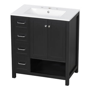 English Elm 30 Inch Freestanding Bathroom Vanity Ceramic Undermount Sink Open Shelf Soft Close Black N725P451494B