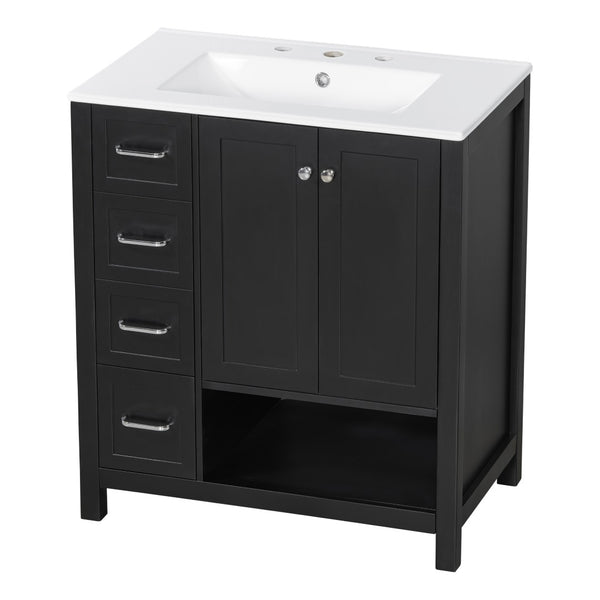 English Elm 30 Inch Freestanding Bathroom Vanity Ceramic Undermount Sink Open Shelf Soft Close Black N725P451494B