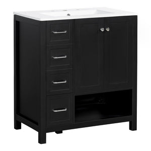 English Elm 30 Inch Freestanding Bathroom Vanity Ceramic Undermount Sink Open Shelf Soft Close Black N725P451494B