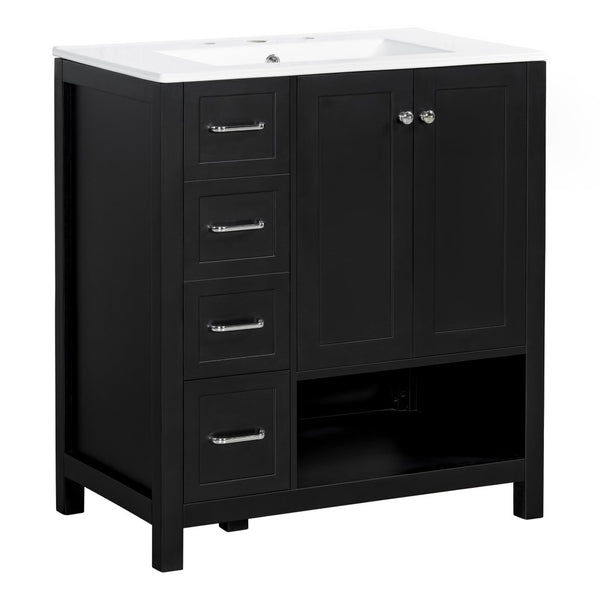 English Elm 30 Inch Freestanding Bathroom Vanity Ceramic Undermount Sink Open Shelf Soft Close Black N725P451494B