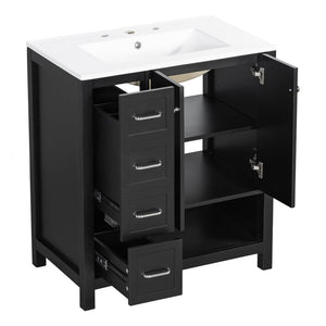 English Elm 30 Inch Freestanding Bathroom Vanity Ceramic Undermount Sink Open Shelf Soft Close Black N725P451494B