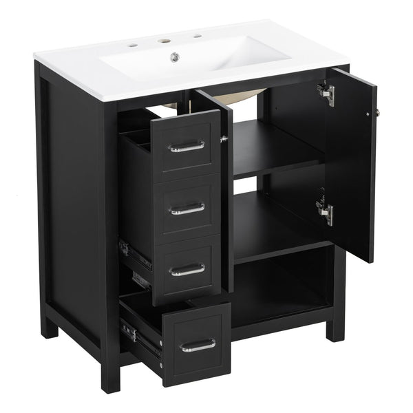 English Elm 30 Inch Freestanding Bathroom Vanity Ceramic Undermount Sink Open Shelf Soft Close Black N725P451494B