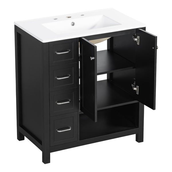 English Elm 30 Inch Freestanding Bathroom Vanity Ceramic Undermount Sink Open Shelf Soft Close Black N725P451494B