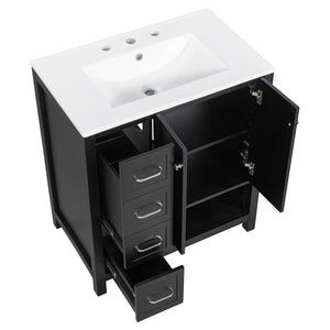 English Elm 30 Inch Freestanding Bathroom Vanity Ceramic Undermount Sink Open Shelf Soft Close Black N725P451494B