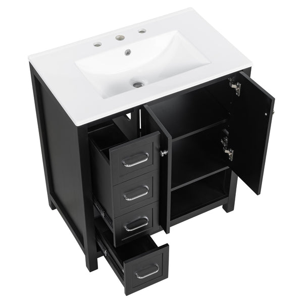 English Elm 30 Inch Freestanding Bathroom Vanity Ceramic Undermount Sink Open Shelf Soft Close Black N725P451494B