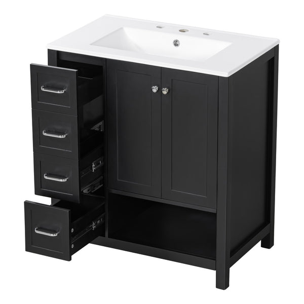 English Elm 30 Inch Freestanding Bathroom Vanity Ceramic Undermount Sink Open Shelf Soft Close Black N725P451494B