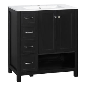 English Elm 30 Inch Freestanding Bathroom Vanity Ceramic Undermount Sink Open Shelf Soft Close Black N725P451494B