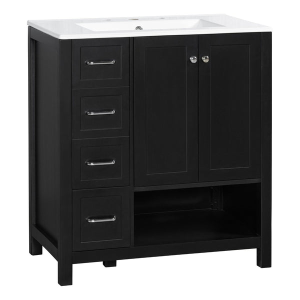 English Elm 30 Inch Freestanding Bathroom Vanity Ceramic Undermount Sink Open Shelf Soft Close Black N725P451494B