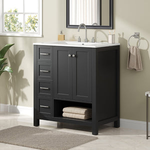 English Elm 30 Inch Freestanding Bathroom Vanity Ceramic Undermount Sink Open Shelf Soft Close Black N725P451494B
