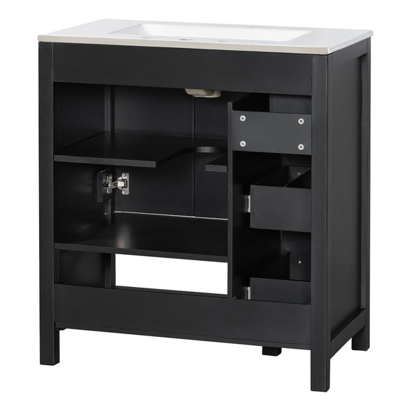 English Elm 30 Inch Freestanding Bathroom Vanity Ceramic Undermount Sink Open Shelf Soft Close Black N725P451494B
