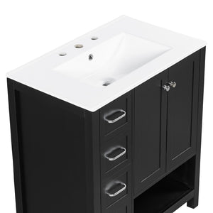 English Elm 30 Inch Freestanding Bathroom Vanity Ceramic Undermount Sink Open Shelf Soft Close Black N725P451494B