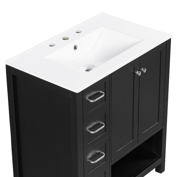 English Elm 30 Inch Freestanding Bathroom Vanity Ceramic Undermount Sink Open Shelf Soft Close Black N725P451494B