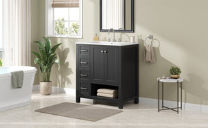 English Elm 30 Inch Freestanding Bathroom Vanity Ceramic Undermount Sink Open Shelf Soft Close Black N725P451494B
