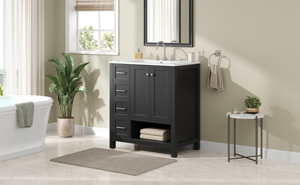 English Elm 30 Inch Freestanding Bathroom Vanity Ceramic Undermount Sink Open Shelf Soft Close Black N725P451494B