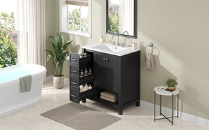 English Elm 30 Inch Freestanding Bathroom Vanity Ceramic Undermount Sink Open Shelf Soft Close Black N725P451494B