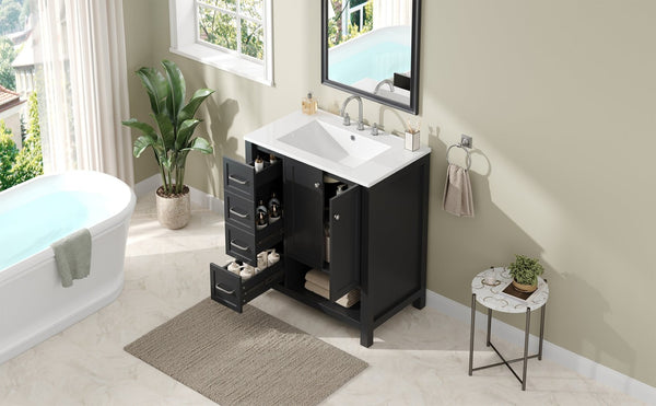 English Elm 30 Inch Freestanding Bathroom Vanity Ceramic Undermount Sink Open Shelf Soft Close Black N725P451494B