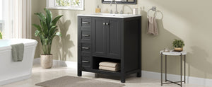 English Elm 30 Inch Freestanding Bathroom Vanity Ceramic Undermount Sink Open Shelf Soft Close Black N725P451494B