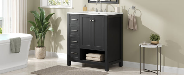English Elm 30 Inch Freestanding Bathroom Vanity Ceramic Undermount Sink Open Shelf Soft Close Black N725P451494B