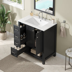 English Elm 30 Inch Freestanding Bathroom Vanity Ceramic Undermount Sink Open Shelf Soft Close Black N725P451494B