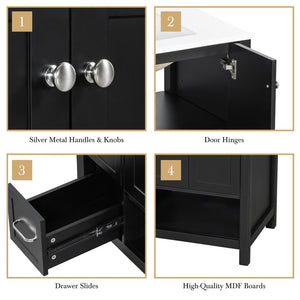 English Elm 30 Inch Freestanding Bathroom Vanity Ceramic Undermount Sink Open Shelf Soft Close Black N725P451494B