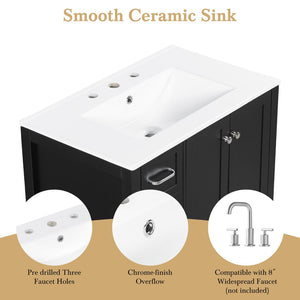 English Elm 30 Inch Freestanding Bathroom Vanity Ceramic Undermount Sink Open Shelf Soft Close Black N725P451494B