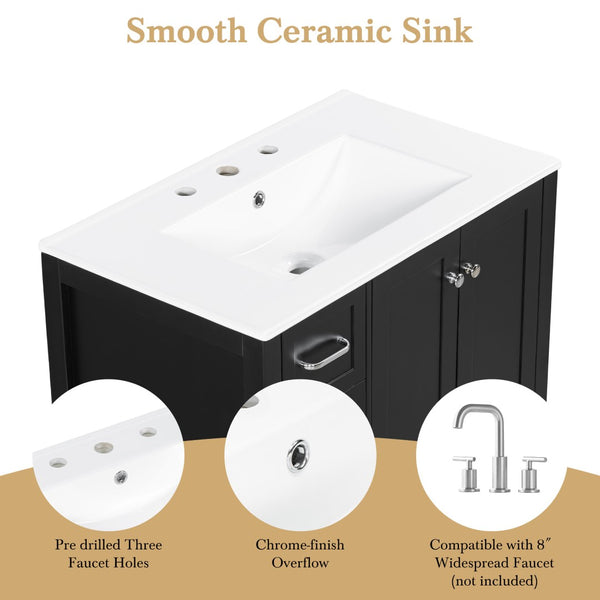 English Elm 30 Inch Freestanding Bathroom Vanity Ceramic Undermount Sink Open Shelf Soft Close Black N725P451494B