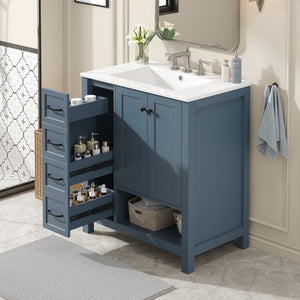 English Elm 30 Inch Freestanding Bathroom Vanity Ceramic Undermount Sink Open Shelf Soft Close Blue Gray N725P451494C
