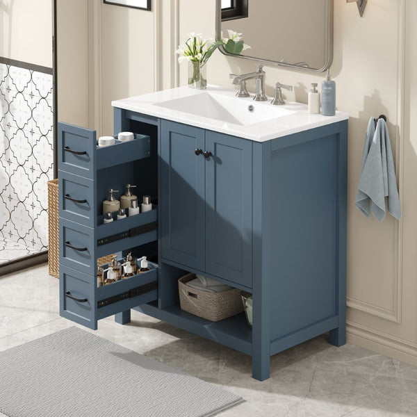 English Elm 30 Inch Freestanding Bathroom Vanity Ceramic Undermount Sink Open Shelf Soft Close Blue Gray N725P451494C