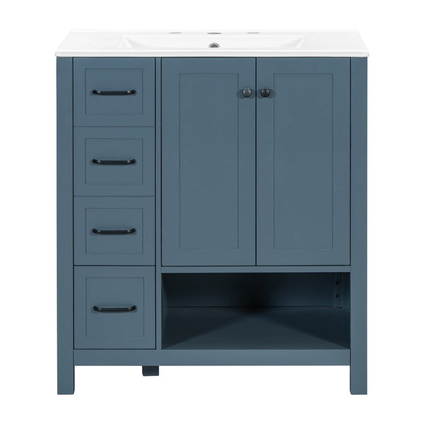English Elm 30 Inch Freestanding Bathroom Vanity Ceramic Undermount Sink Open Shelf Soft Close Blue Gray N725P451494C