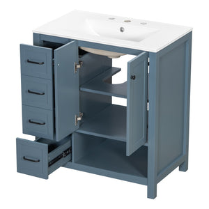 English Elm 30 Inch Freestanding Bathroom Vanity Ceramic Undermount Sink Open Shelf Soft Close Blue Gray N725P451494C