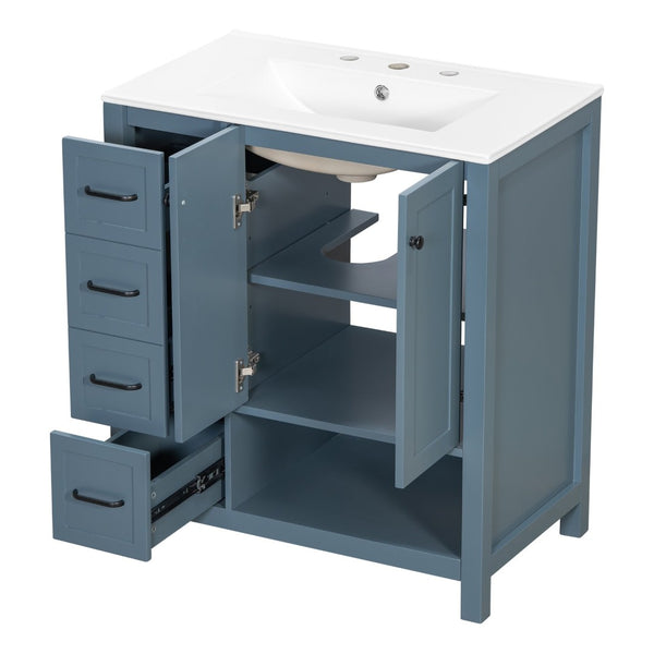 English Elm 30 Inch Freestanding Bathroom Vanity Ceramic Undermount Sink Open Shelf Soft Close Blue Gray N725P451494C