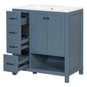 English Elm 30 Inch Freestanding Bathroom Vanity Ceramic Undermount Sink Open Shelf Soft Close Blue Gray N725P451494C