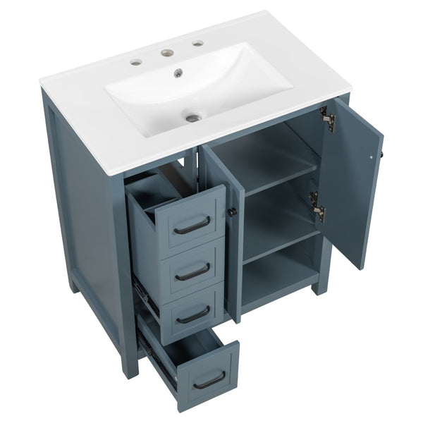 English Elm 30 Inch Freestanding Bathroom Vanity Ceramic Undermount Sink Open Shelf Soft Close Blue Gray N725P451494C