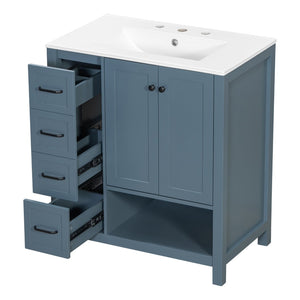 English Elm 30 Inch Freestanding Bathroom Vanity Ceramic Undermount Sink Open Shelf Soft Close Blue Gray N725P451494C