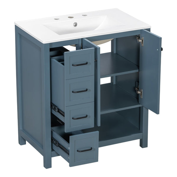English Elm 30 Inch Freestanding Bathroom Vanity Ceramic Undermount Sink Open Shelf Soft Close Blue Gray N725P451494C