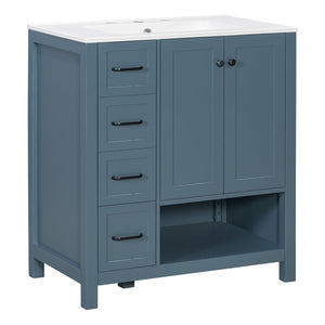 English Elm 30 Inch Freestanding Bathroom Vanity Ceramic Undermount Sink Open Shelf Soft Close Blue Gray N725P451494C