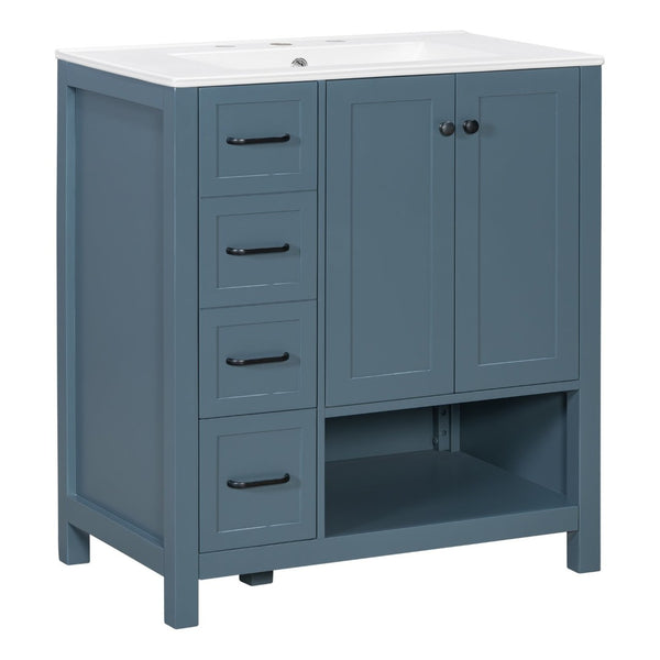 English Elm 30 Inch Freestanding Bathroom Vanity Ceramic Undermount Sink Open Shelf Soft Close Blue Gray N725P451494C
