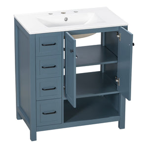 English Elm 30 Inch Freestanding Bathroom Vanity Ceramic Undermount Sink Open Shelf Soft Close Blue Gray N725P451494C