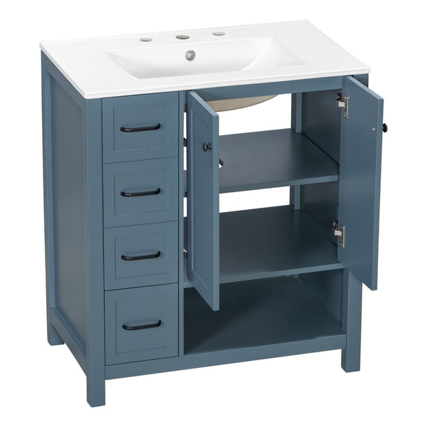 English Elm 30 Inch Freestanding Bathroom Vanity Ceramic Undermount Sink Open Shelf Soft Close Blue Gray N725P451494C