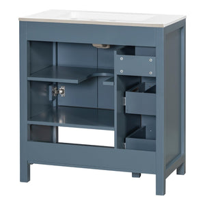 English Elm 30 Inch Freestanding Bathroom Vanity Ceramic Undermount Sink Open Shelf Soft Close Blue Gray N725P451494C