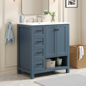 English Elm 30 Inch Freestanding Bathroom Vanity Ceramic Undermount Sink Open Shelf Soft Close Blue Gray N725P451494C