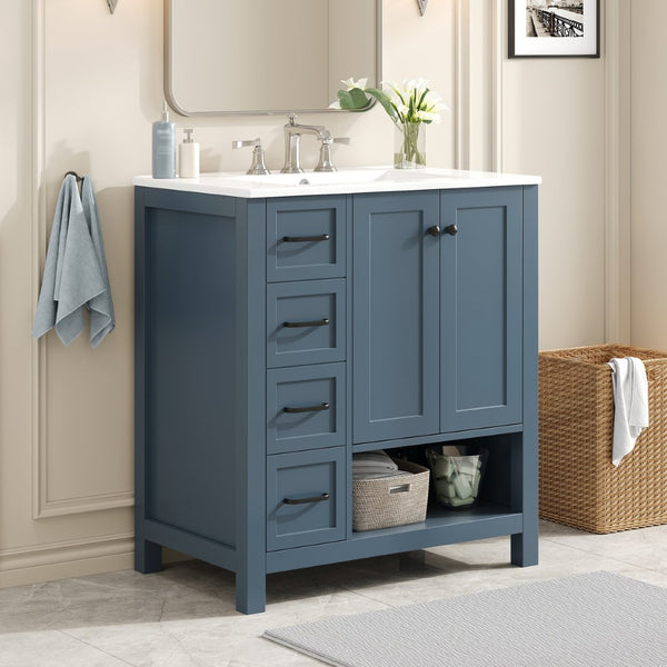 English Elm 30 Inch Freestanding Bathroom Vanity Ceramic Undermount Sink Open Shelf Soft Close Blue Gray N725P451494C